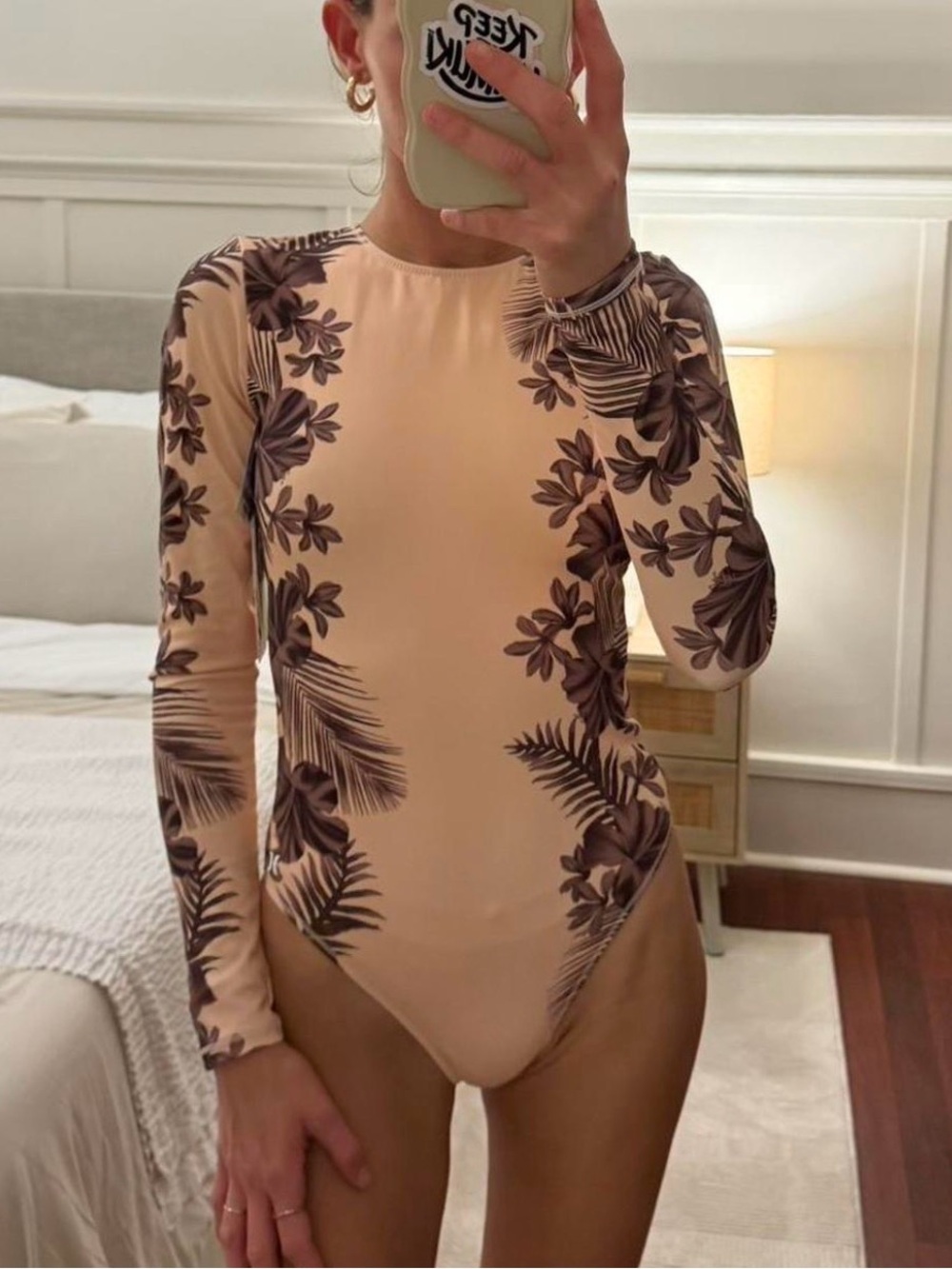 Hurley Peach and Brown Floral Long-Sleeve Bodysuit